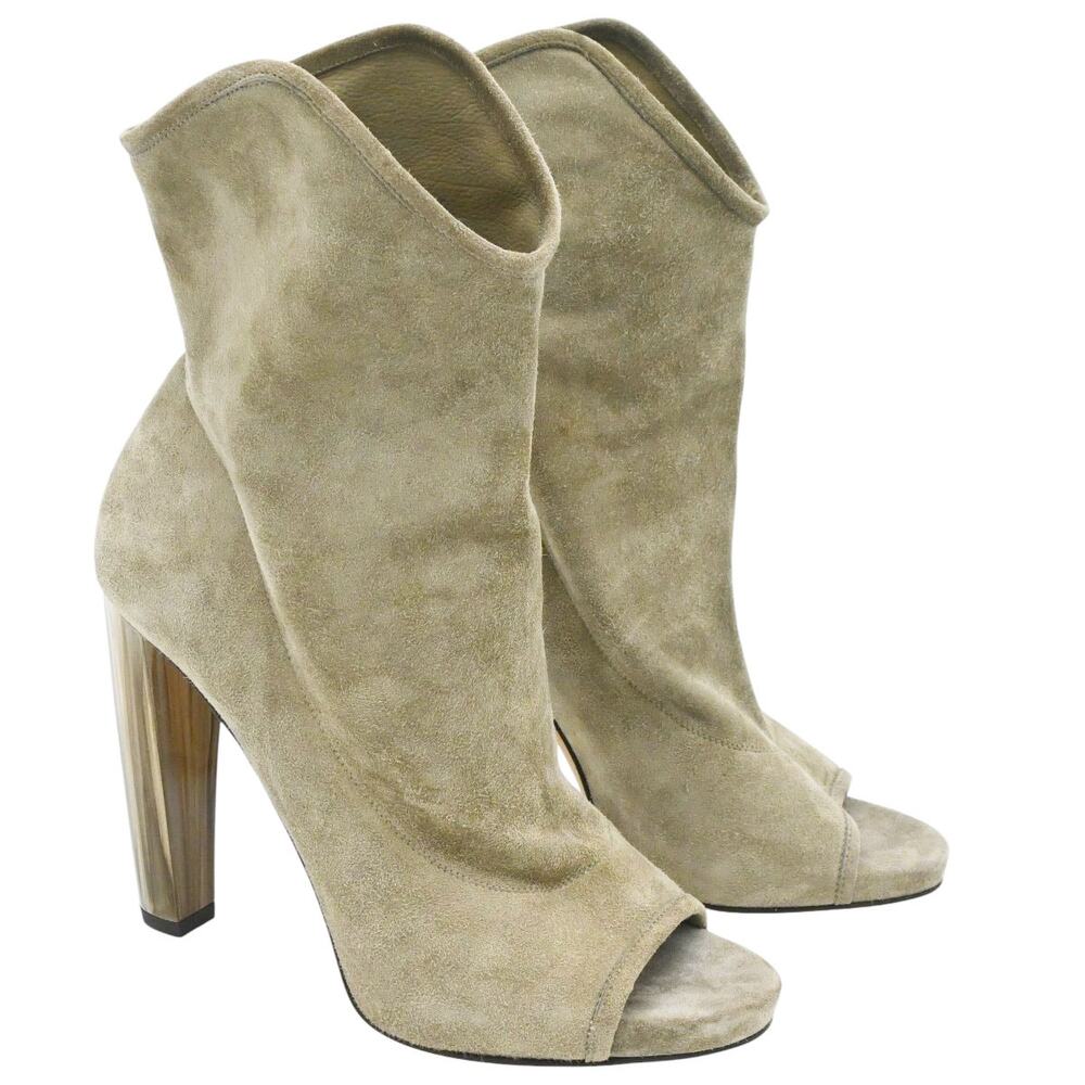 Jimmy Choo Maja Gray Taupe Suede Peep Toe Booties Size 37